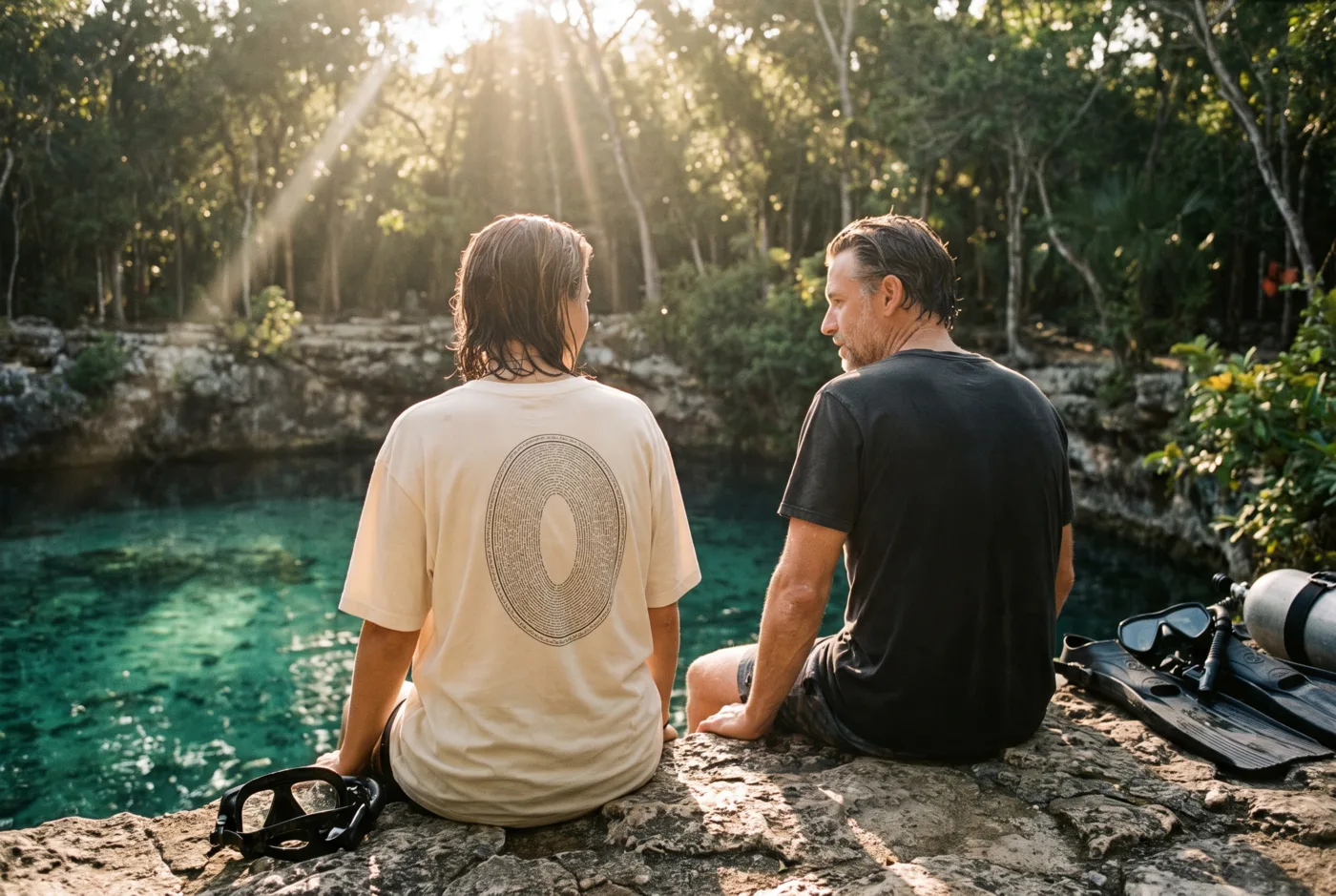 Dos personas sentadas al borde de un cenote en la selva al atardecer, con las aletas y una máscara a un lado, después de una salida.