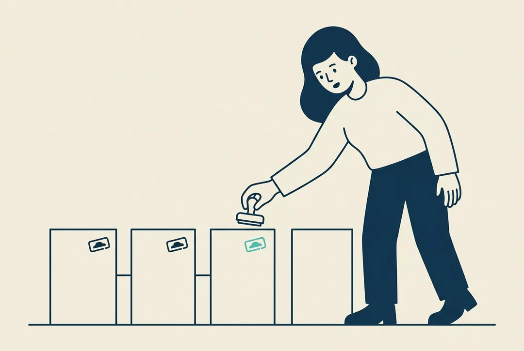 Illustration: a person stamps the third of four panels; the first two are already marked and the last waits its turn.
