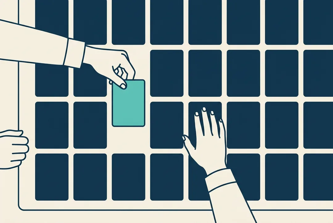 Overhead illustration: two pairs of hands enter from opposite sides over a grid; one places a card in its slot and the other holds another back.