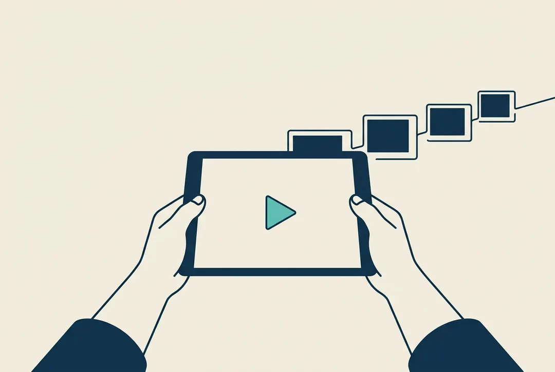 Ilustración: unas manos extienden una tableta hacia quien mira, con un triángulo de reproducción en la pantalla; detrás, cuatro pasos unidos por una línea.