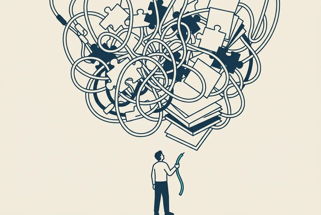 Illustration: an enormous tangle of cables, loose pieces and crooked panels fills most of the frame; below, very small, a person holds one loose end.