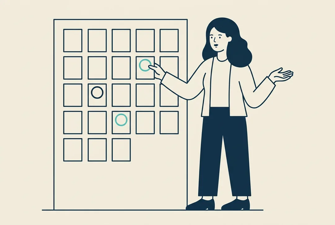 Ilustración: una persona junto a un tablero de tarjetas señala exactamente tres de ellas con marcas circulares; el resto queda sin tocar.